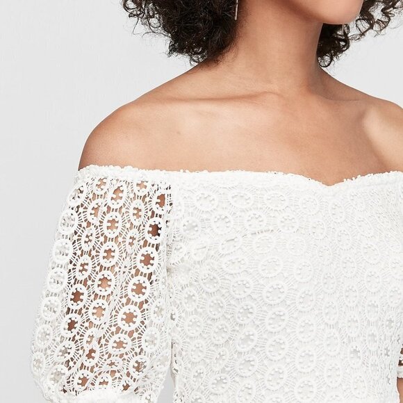 Express OFF THE SHOULDER CROCHET LACE MIDI DRESS - Picture 6 of 11